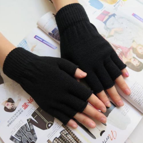 Fingerless Gloves Mens Large Ladies Mitten Flap Knitted Thermal Black Customisab